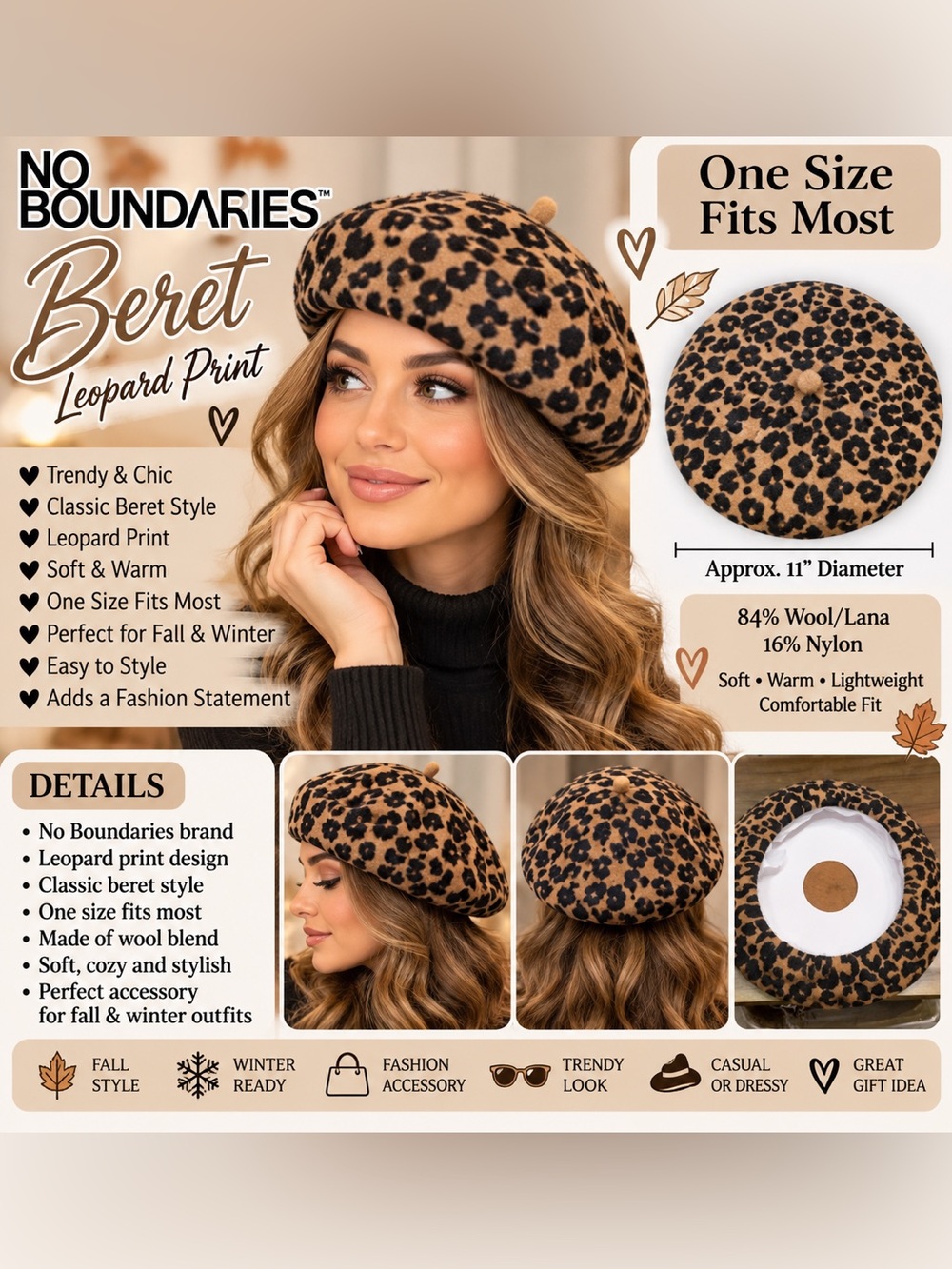 No Boundaries Leopard Print Beret - Tan and Black